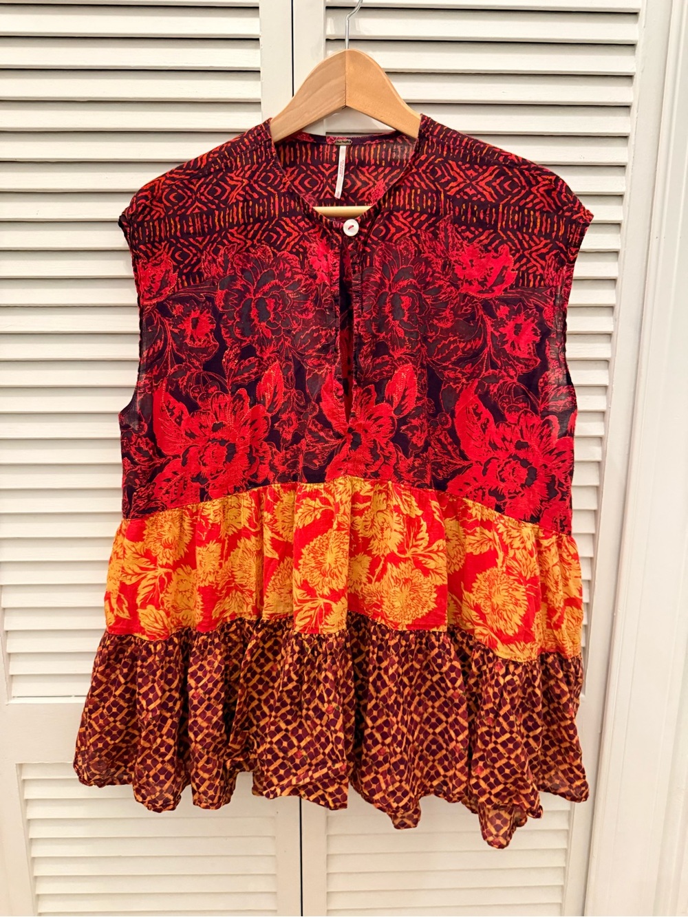 Sleeveless Floral Boho Tiered Top in Red and Yellow